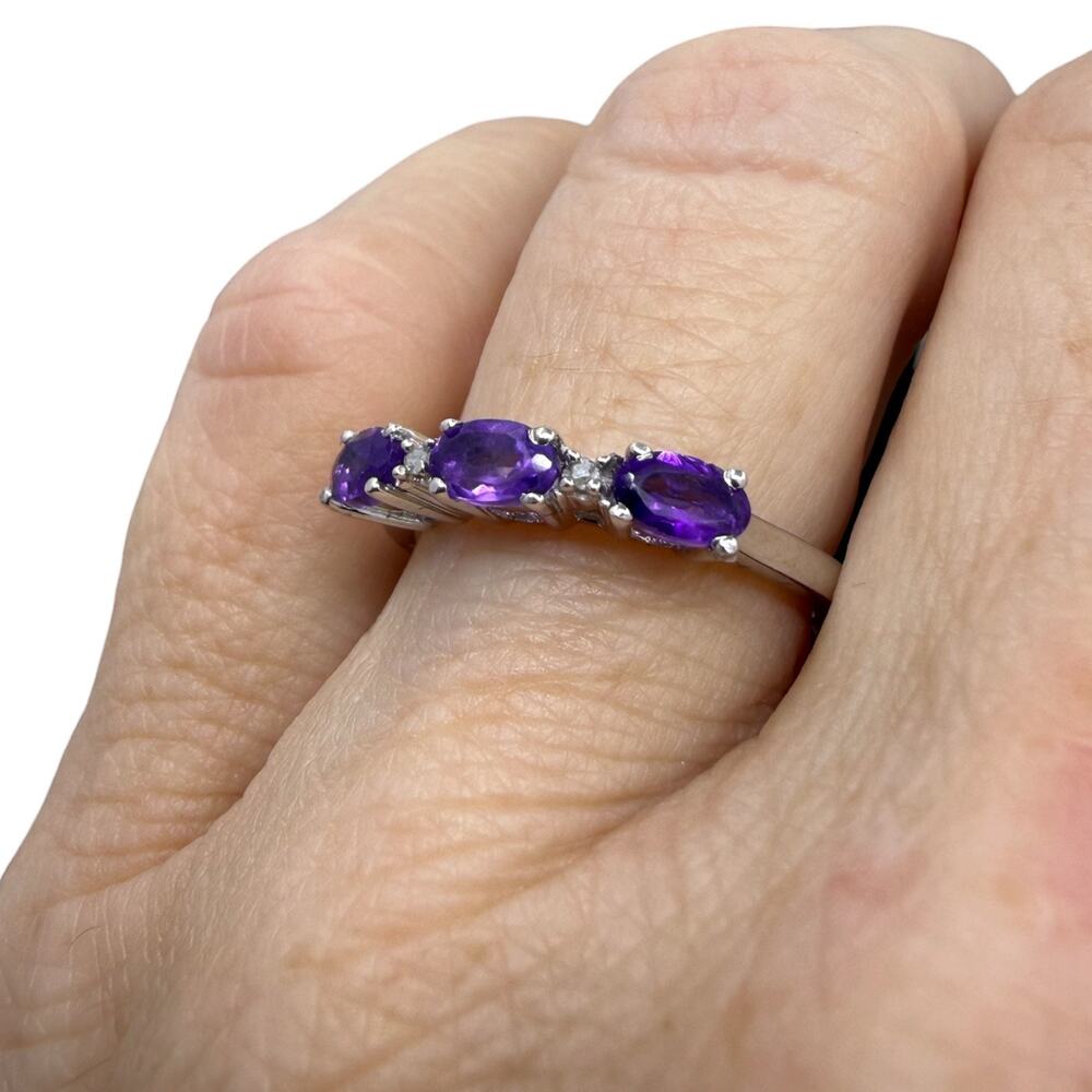 3 Stone Amethyst Diamond Ring Band 925 Sterling Silver 
Size 7 - Journey Ring - Picture 2 of 8